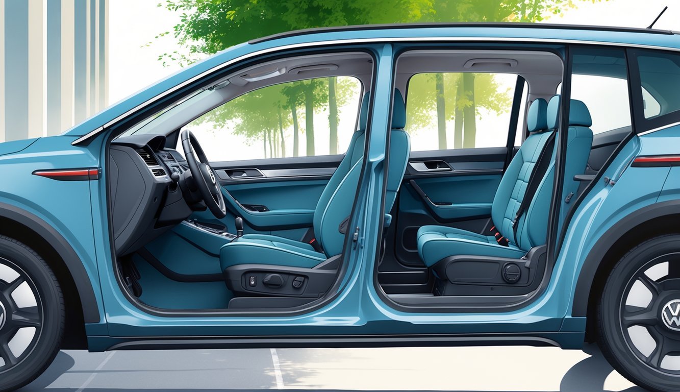 Prikaz VW Taigo automobila s otvorenim vratima koji pokazuje prostran i udoban interijer u urbanom okruženju.