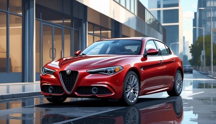 Crvena Alfa Romeo Giulia na gradskoj ulici s modernim zgradama u pozadini.