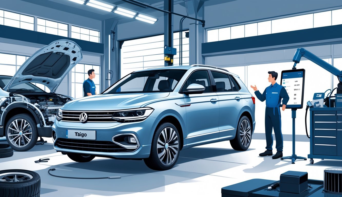 Volkswagen Taigo u autoservisu gdje mehaničari pregledavaju automobil i prikazuju dijelove i troškove servisa.