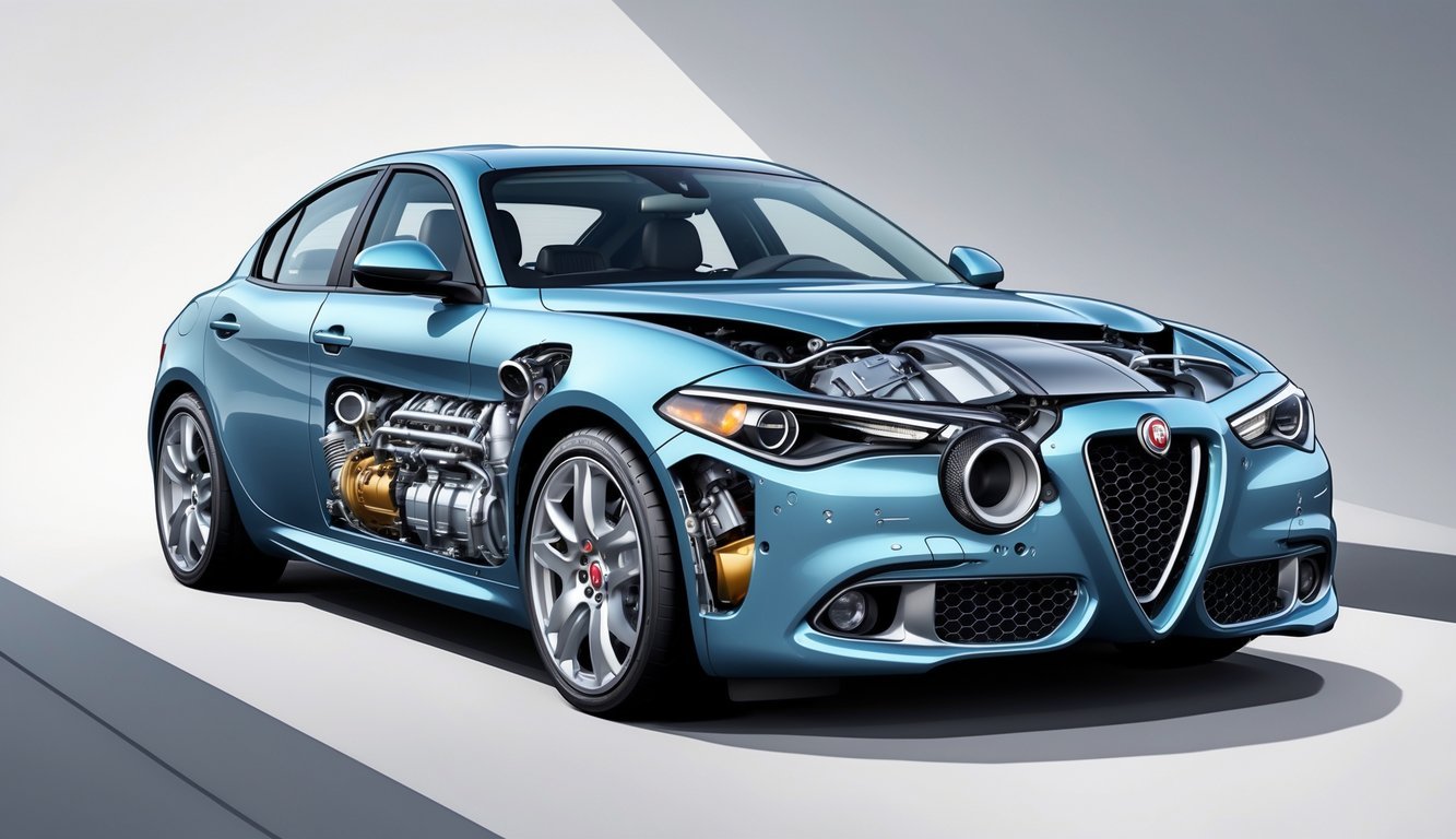 Prikaz unutrašnjih dijelova motora i mjenjača automobila Alfa Romeo Giulia.