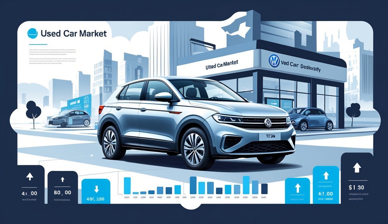 Volkswagen Taigo parkiran u gradskom okruženju s grafičkim prikazima cijena, opreme i tržišta rabljenih automobila u pozadini.
