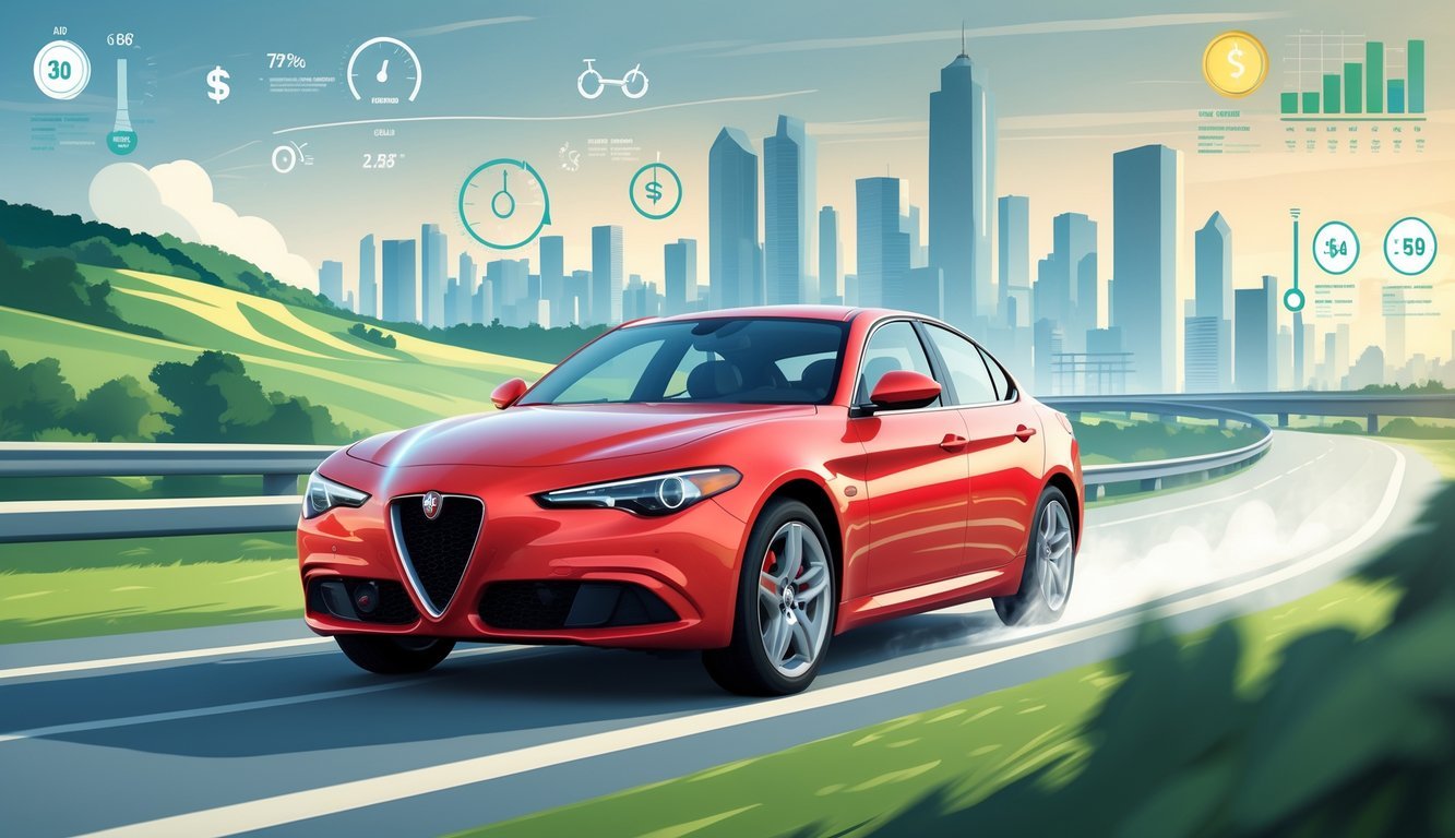 Crvena Alfa Romeo Giulia vozi cestom s prikazom simbola goriva i troškova oko automobila.