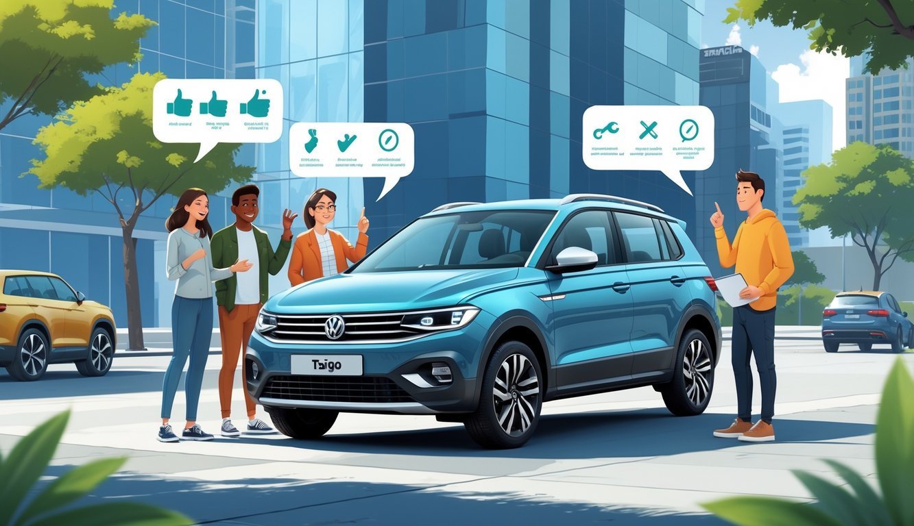 Tri osobe razgovaraju pored VW Taigo automobila u gradskom okruženju, dijeleći svoja iskustva i mišljenja.