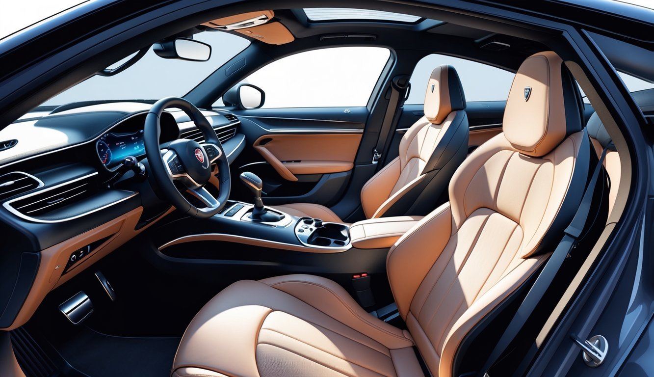 Prikaz unutrašnjosti automobila Alfa Romeo Giulia s udobnim sjedalima i prostranim prostorom.