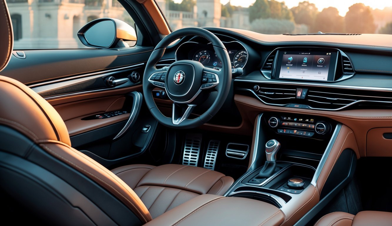 Unutrašnjost Alfa Romeo Giulia automobila s prikazom upravljača, sjedala i središnjeg ekrana infotainment sustava.