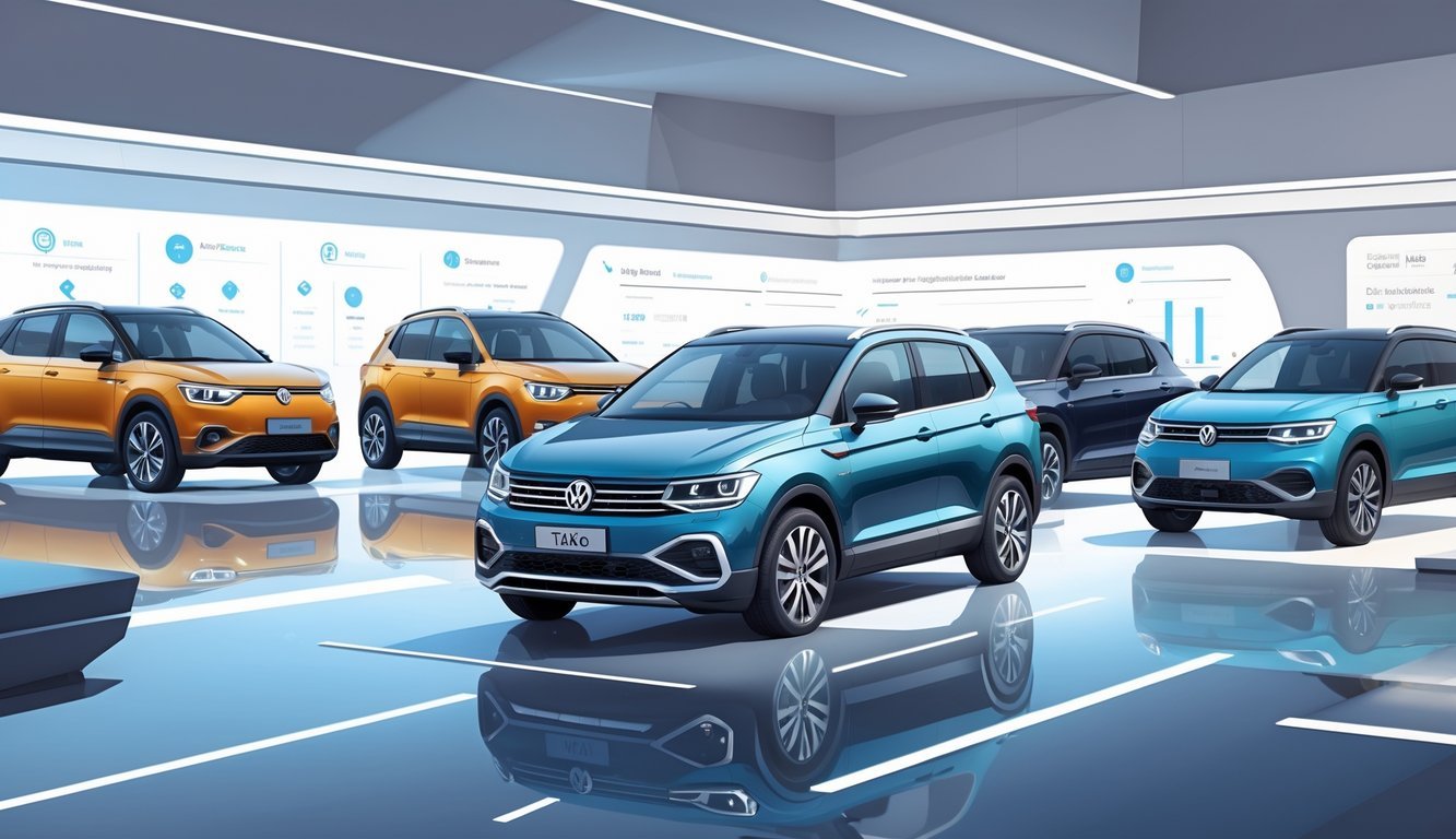 Prikaz nekoliko različitih kompaktnih SUV vozila postavljenih u suvremenom izložbenom prostoru, s Volkswagen Taigo modelom u sredini i drugim automobilima oko njega.