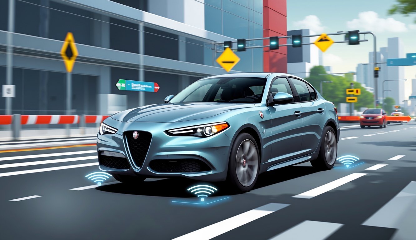 Alfa Romeo Giulia na cesti s prikazom sigurnosnih i pomoćnih sustava vozaču.