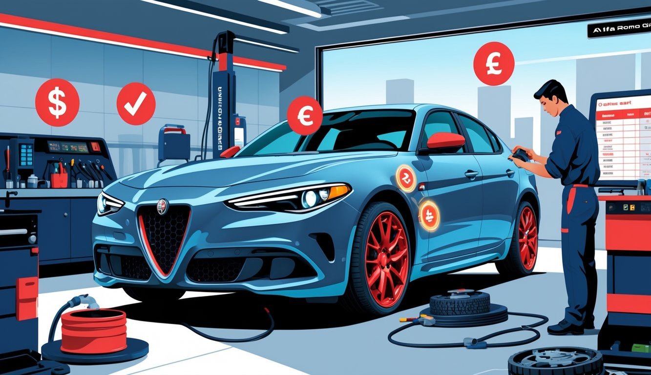 Automobil Alfa Romeo Giulia u radionici, mehaničar pregledava vozilo uz prikaz dijelova motora i kočnica, te simboli troškova servisa.