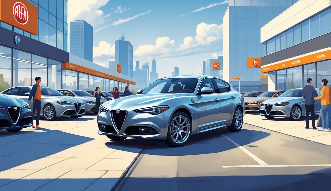 Alfa Romeo Giulia automobil ispred modernog prodajnog salona s ljudima koji pregledavaju vozila.
