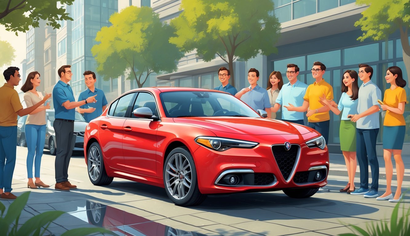 Skupina ljudi razgovara oko parkiranog crvenog automobila Alfa Romeo Giulia na gradskom ulici.