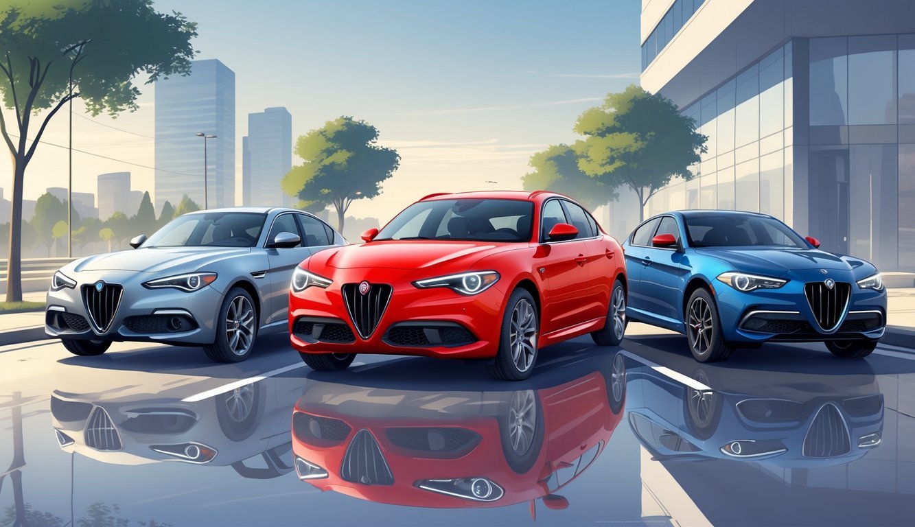 Tri moderna automobila parkirana jedan do drugog na gradskoj ulici, s Alfa Romeo Giulia u sredini i dva druga modela sa strane.