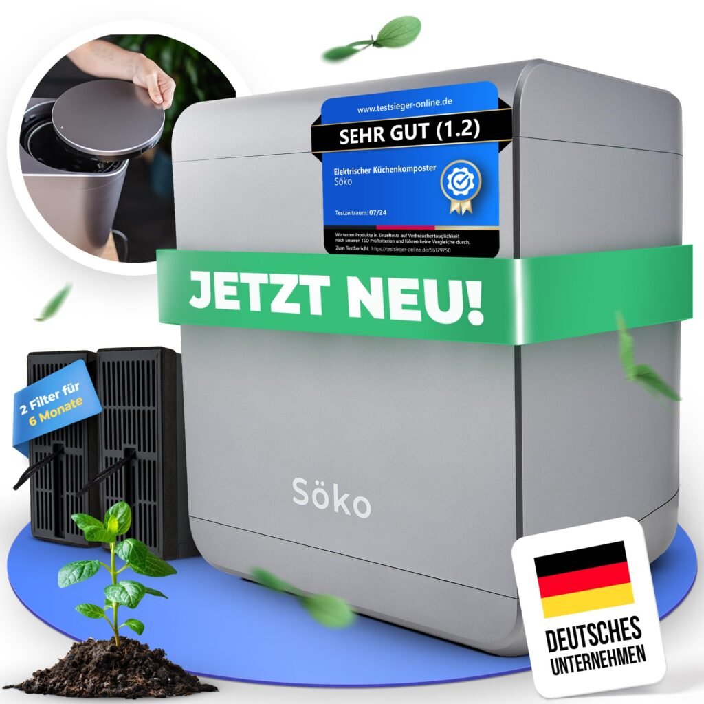 Söko kuhinjski komposter s digitalnim zaslonom, zamjenskim filterima, biljkom i značkom njemačke tvrtke s ocjenom Sehr Gut (1.2) i natpisom Jetzt Neu!.