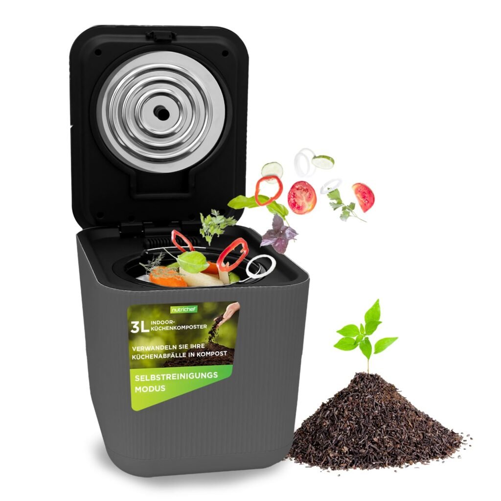 Kuhinjska kompostna kanta u koju se dodaju ostaci hrane, naljepnica za samočišćenje i hrpa komposta s malom biljkom koja raste pored nje.