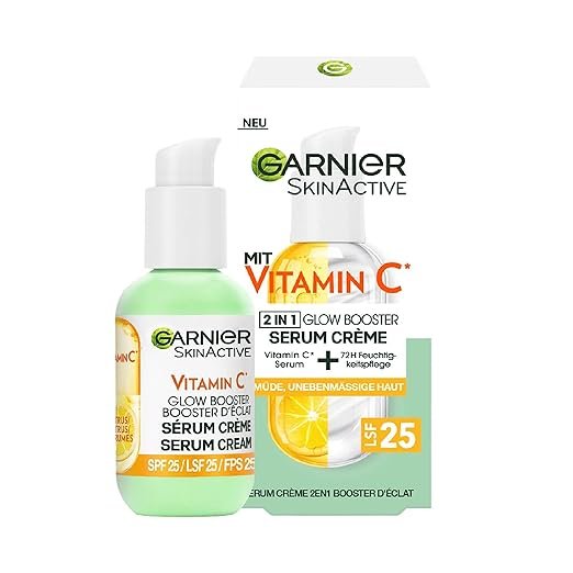 Bočica i kutija Garnier SkinActive Vitamin C 2-in-1 Glow Booster Serum Cream sa SPF 25, jedan od top preporuka i najbolji serum za neujednačen deset.