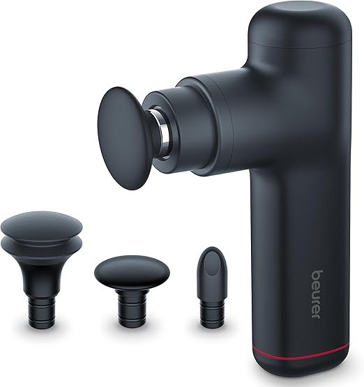 Doživite uživanje i brži oporavak s ovim crnim ručnim masažnim pištoljem, koji ima četiri izmjenjive nastavke praktično raspoređene ispred uređaja.