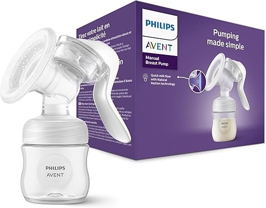 Philips Avent ručna izdajalica s ručkom i posudom za mlijeko, prikazana pored ljubičaste kutije za pakiranje s informacijama o proizvodu - idealna za one koji traže Najbolje izdavačice ili izdavačice preporuka u 2026. godini.
