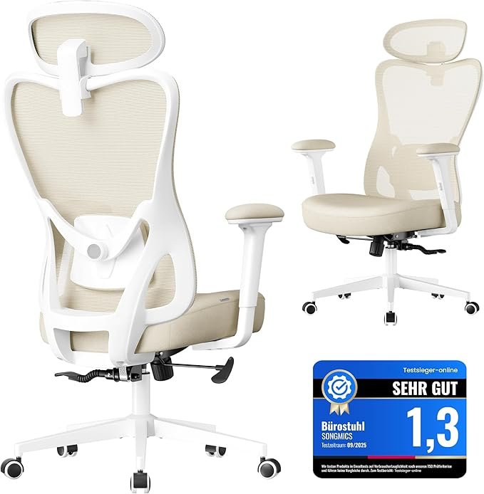 Ergonomska bijela i bež uredska stolica s podesivim naslonima za ruke i mrežastim naslonom, prikazana iz stražnjeg i prednjeg kuta; uključuje oznaku ocjene Sehr Gut (vrlo dobro). Otkrijte jednu od najboljih uredskih stolica za udobnost i potporu.