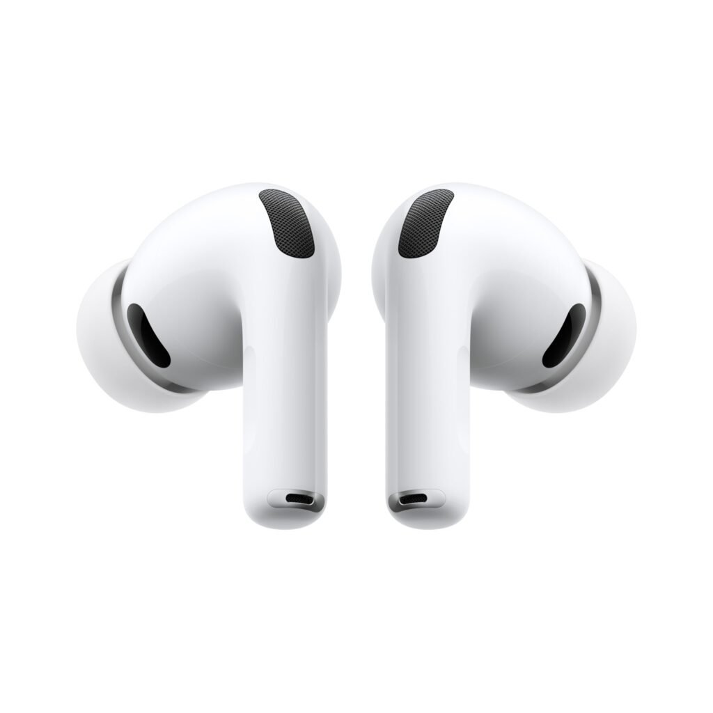 Par bijelih bežičnih slušalica sa silikonskim vrhovima za uši, prikazanih okrenutih prema naprijed na običnoj bijeloj pozadini.