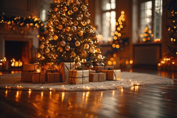 Ukrašeno božićno drvce sa zlatnim ukrasima stoji unutra, okruženo božićnim poklonima i toplim lampicama na drvenom podu.